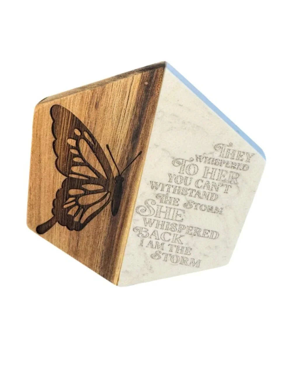 Inspirational Marble and Wood Hexagon Coaster with Butterfly Engraving